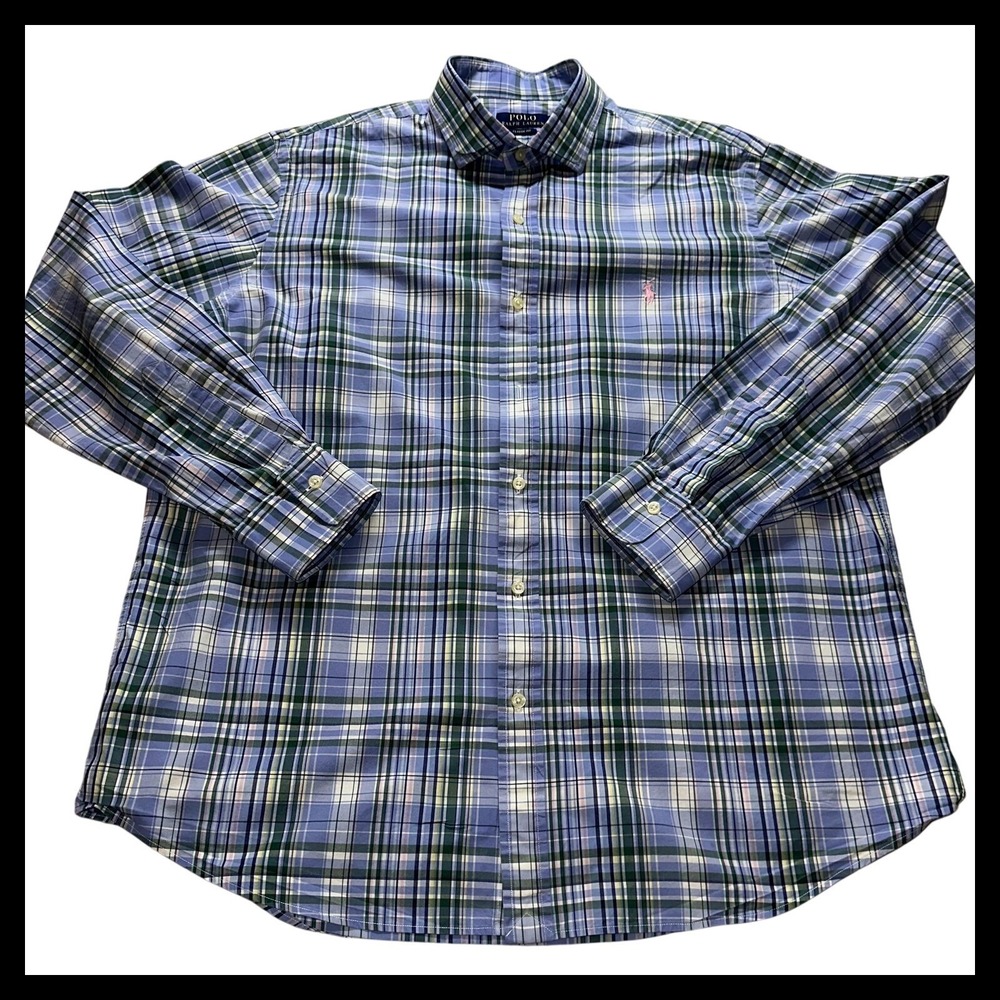 Polo Ralph Lauren Button Down Shirt Mens XL Blue Green Plaid Classic Fit Preppy